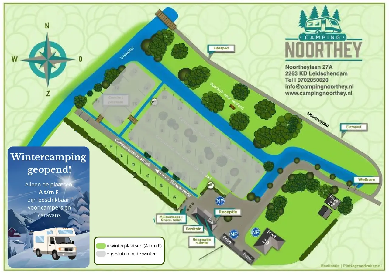 Winterplattegrond Camping Noorthey - plaatsen A t/m F geopend